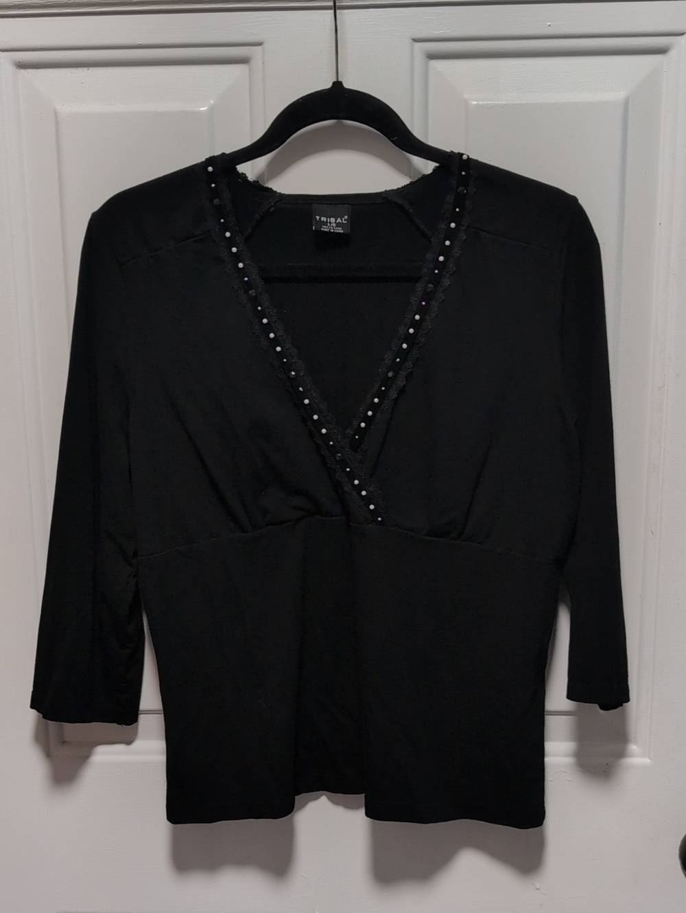 Tribal Black V-Neck Top with Sequin Trim